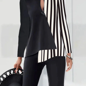 Regular Fit Striped Crew Neck Long sleeve Urban Regular Fit Blouse, Blouses and Shirts, color:Black-white|size:XS, Stylewe