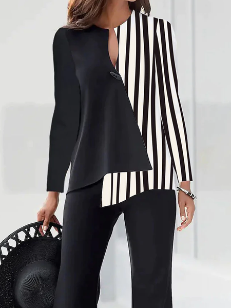 Regular Fit Striped Crew Neck Long sleeve Urban Regular Fit Blouse, Blouses and Shirts, color:Black-white|size:XS, Stylewe