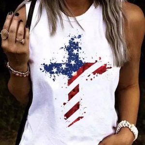 Women's American Flag Cross Casual Tank Top, color:White|size:3XL, Lilicloth.com