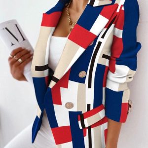 Lapel Collar Casual Geometric Blazer, Blazers, color:Red-Blue|size:XXL, JustFashionNow