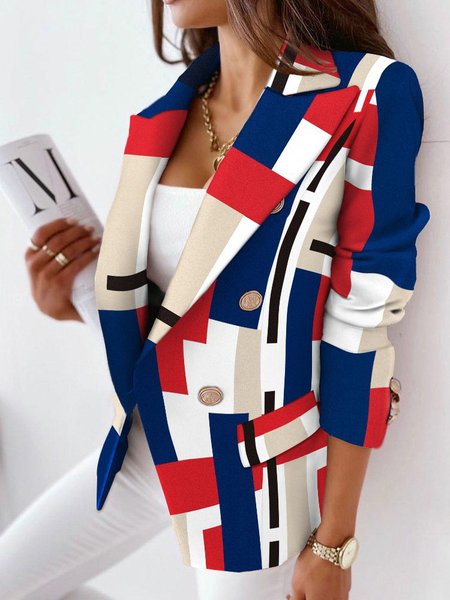 Lapel Collar Casual Geometric Blazer, Blazers, color:Red-Blue|size:XXL, JustFashionNow