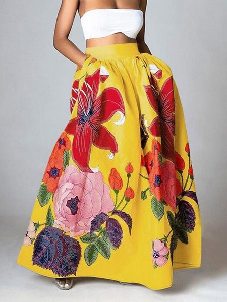 Floral Vacation A-line Long Skirt, Skirts, color:Yellow|size:XS, Stylewe