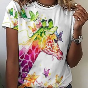 WomenвЂs Butterfly Giraffe Art Print Crew Neck Casual T-Shirt, T-shirts, Lilicloth.com