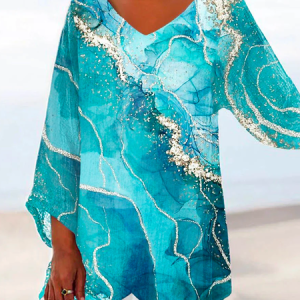 Loose Linen Vacation Geometric Shirt, Shirts & Blouses, color:Blue|size:XXL, JustFashionNow