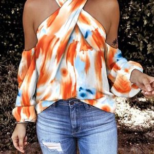 Halter Loose Vacation Cold Shoulder Abstract Shirt, Blouses and Shirts, color:Orange|size:XXL, Stylewe