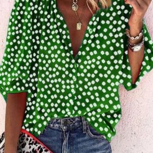 JFN V Neck Floral Printed Casual Geometric Half Sleeve Shirt, Shirts & Blouses, color:LIGHT GREEN|size:5XL, JustFashionNow