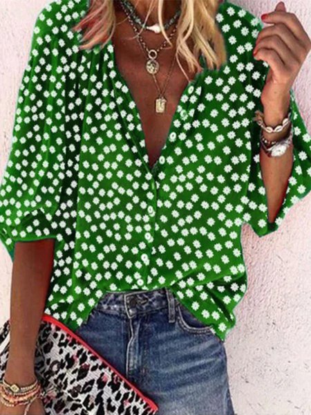 JFN V Neck Floral Printed Casual Geometric Half Sleeve Shirt, Shirts & Blouses, color:LIGHT GREEN|size:5XL, JustFashionNow