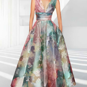Floral Elegant V Neck Wedding Guest Dress, Maxi Dresses, color:Multicolor|size:XXL, Stylewe
