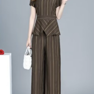 Casual Striped Short Sleeve Crew Neck Top With Pants Two-Piece Set, Sets, color:Coffee|size:4XL, Noracora