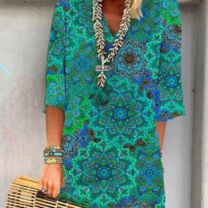 Polyester Fibre Boho V Neck Loose Boho Floral Short Tunic Dress, Short, color:As Picture|size:XXL, catalog Noracora shop