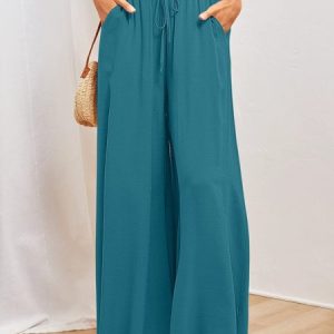 Casual Plain Natural Long, Pants, color:Blue|size:XXL, Noracora