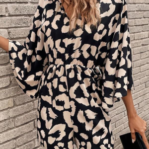 Loose V Neck Casual Leopard Jumpsuit, Jumpsuits＆Rompers, color:Brown|size:XXL, JustFashionNow