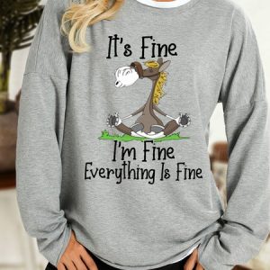 Women‘s Funny Horse I'm fine Letters Crew Neck Casual Sweatshirt, color:Light Gray|size:3XL, Lilicloth.com