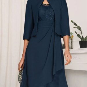 Lace Urban Plain Crew Neck Two-Piece Set, Suit Set, color:Dark Blue|size:XXL, JustFashionNow