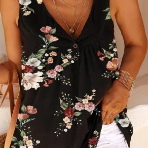 Plus Size V Neck Floral Casual Tank Top, Tanks & Camis, color:Black|size:4X, JustFashionNow