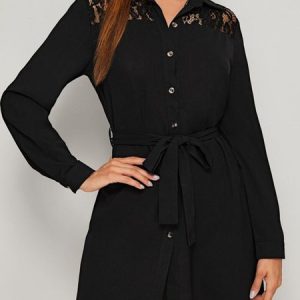 Women Lace Shirt Collar Long Sleeve Comfy Simple Short Shirt Dress, Shirt Dress, color:Black|size:XL, Noracora