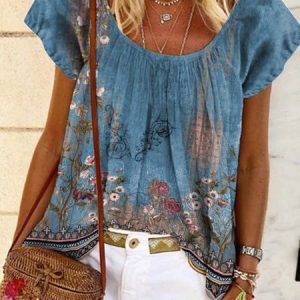 Crew Neck Loose Ethnic T-Shirt, T-Shirts, color:Blue|size:XXL, JustFashionNow