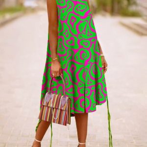 Plus Size Vacation Loose Stand Collar Dress, Plus Dresses, color:Green|size:4X, Stylewe