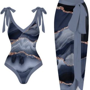 acation Abstract Printing V Neck V One Piece With Cover Up, swimwear>>One-Pieces, color:Blue|size:XXL, JustFashionNow