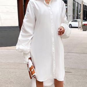 Shirt Collar Loose Casual Dress, Midi Dresses, color:White|size:XXL, Stylewe