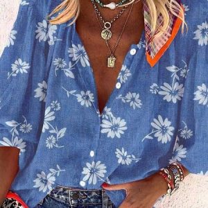 Floral Stand Collar Cotton Casual Blouse, Shirts & Blouses, color:Blue|size:XXL, JustFashionNow