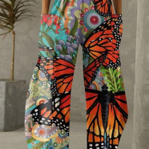 Women's Casual Butterfly Floral Wide Leg Pants Vacation Boho Clothing, Pants, color:As Picture|size:3XL, JustFashionNow