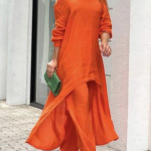 Vacation Boat Neck Polyester Cotton Two-Piece Set, Two-piece Set, color:Orange|size:XS, Stylewe