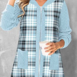 Plaid Hoodie Casual Loose Jacket, Jackets, color:Blue|size:XXL, JustFashionNow