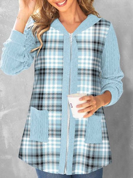 Plaid Hoodie Casual Loose Jacket, Jackets, color:Blue|size:XXL, JustFashionNow
