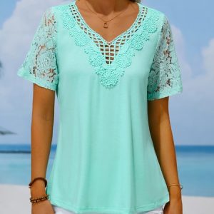 Loose Lace Notched Plain Casual Summer Shirt, Shirts & Blouses, color:mint|size:XXL, JustFashionNow