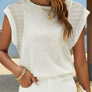 Lace Casual Crew Neck Plain Summer T-Shirt, T-Shirts, color:White|size:XXL, JustFashionNow