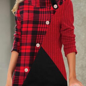Women's Red Plaid Christmas urtleneck Color Block Tunic Tops, Tops, color:Red|size:XXL, JustFashionNow