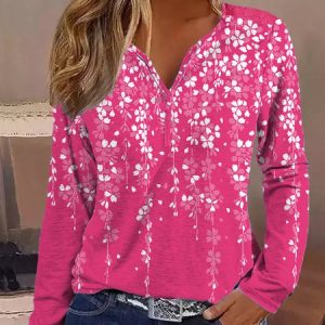 Loose Floral V Neck Casual T-Shirt, T-Shirts, color:Rose Red|size:XXL, JustFashionNow