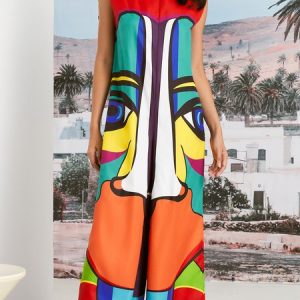 Abstract Crew Neck Loose Vacation Sleeveless Jumpsuit, Jumpsuits, color:As Picture|size:XXL, Stylewe