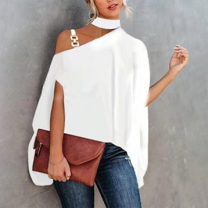 Halter Cap Sleeve Geometric Regular Loose Shirt For Women, Blouses, color:White|size:XXL, Noracora