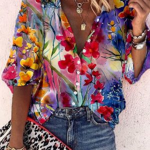 Stand Collar Vacation Loose Floral Blouse, Shirts & Blouses, color:Red-Blue|size:XXL, JustFashionNow