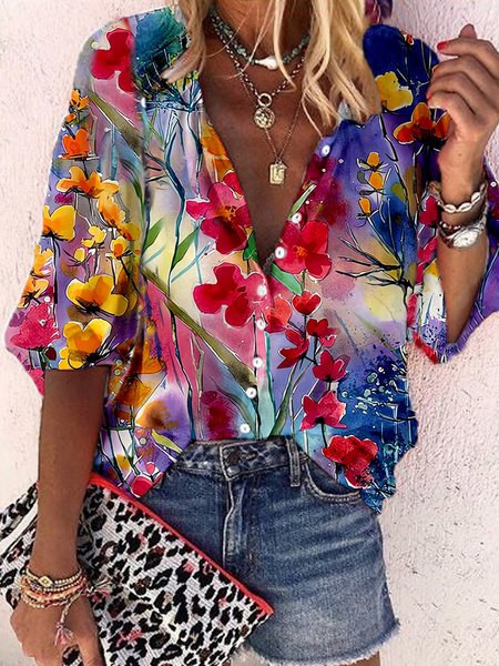 Stand Collar Vacation Loose Floral Blouse, Shirts & Blouses, color:Red-Blue|size:XXL, JustFashionNow