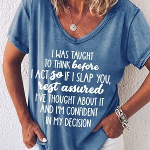 Women's Sarcastic Funny Letter V Neck Casual T-Shirt, color:Blue|size:3XL, Lilicloth.com