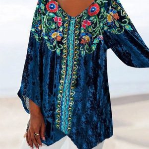 V Neck Floral Casual Loose Shirt, Shirts & Blouses, color:Blue|size:XXL, JustFashionNow