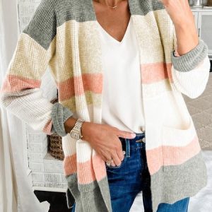 Contrasting Color Loose Warm Wool Casual Sweater Cardigan, Sweaters, color:Pink|size:XXL, JustFashionNow