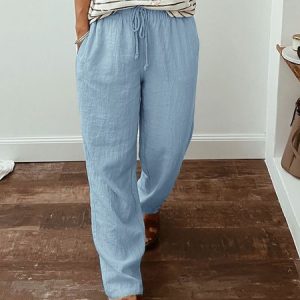 Casual Loose Plain Cotton Pants, Pants, color:Blue|size:XXL, JustFashionNow