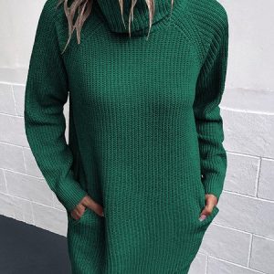 Women Plain Turtleneck Long Sleeve Comfy Casual Midi Sweater Dress, Sweater Dresses, color:Green|size:XL, Noracora