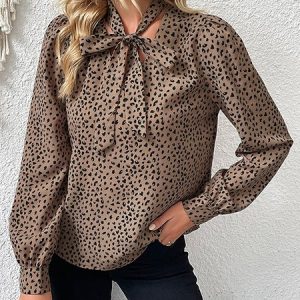 Women's Leopard Polka Dot Bow Blouse Long Sleeve T-Shirt Casual Clothing, Shirts & Blouses, color:Khaki|size:XL, JustFashionNow