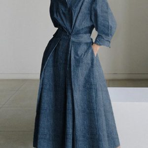 Urban Stand Collar Denim Dress With No Belt, Maxi Dresses, color:Blue|size:XXL, Stylewe