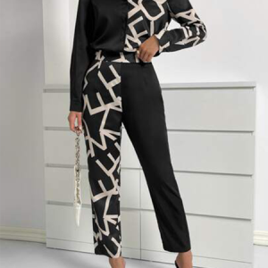 Women Letter Pattern Shawl Collar Long Sleeve Comfy Casual Top With Pants Two-Piece Set, Sets, color:Black-coffee|size:XL, Noracora