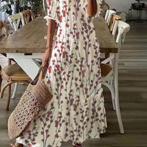 V Neck Loose Blue Floral Casual Dress 2023, Maxi, color:Red|size:XXL, catalog Noracora shop