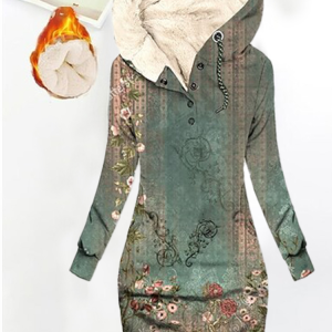 Floral Fluff/Granular Fleece Fabric Casual Dress, Dresses, color:Green|size:XXL, JustFashionNow
