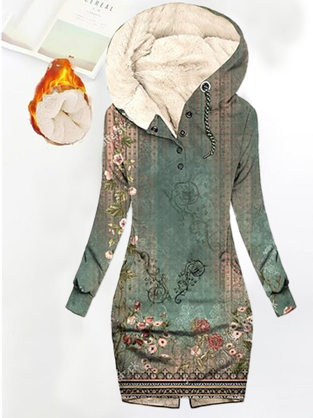 Floral Fluff/Granular Fleece Fabric Casual Dress, Dresses, color:Green|size:XXL, JustFashionNow