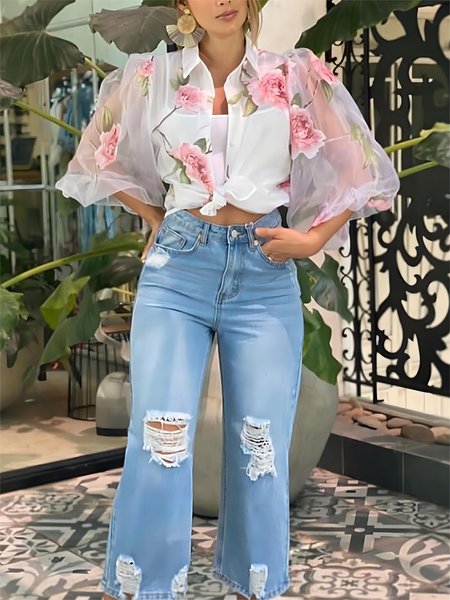 Regular Fit Floral Shirt Collar Casual Blouse, Blouses and Shirts, color:As Picture|size:XXL, Stylewe