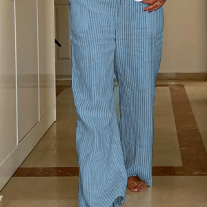 Linen Striped Loose Cotton And Linen Pants, Pants, color:Blue|size:XXL, JustFashionNow